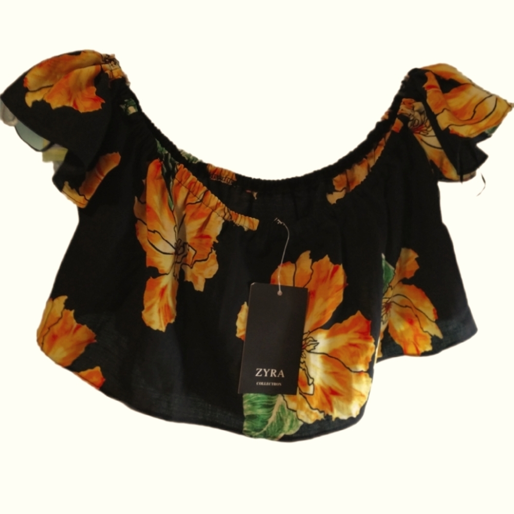 ZYRA Floral Crop Top Yellow Black